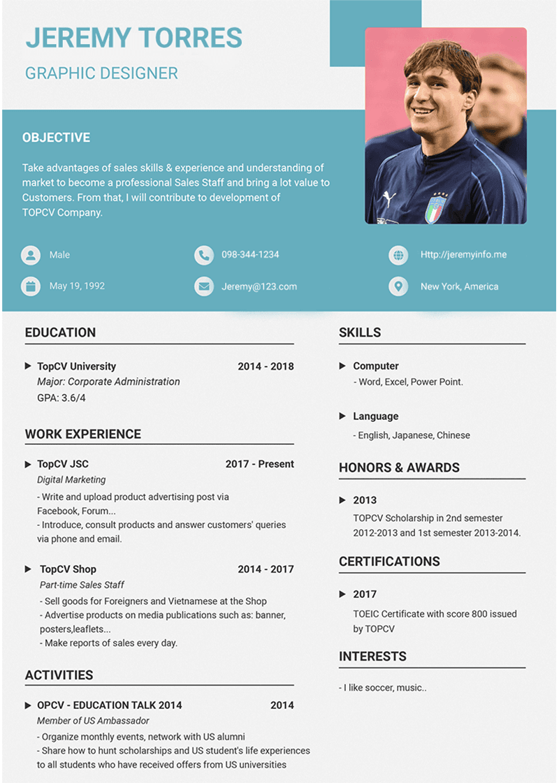 Colorful graphic designer resume with photo, two-column layout, colored blocks, and decorative elements that ATS cannot parse