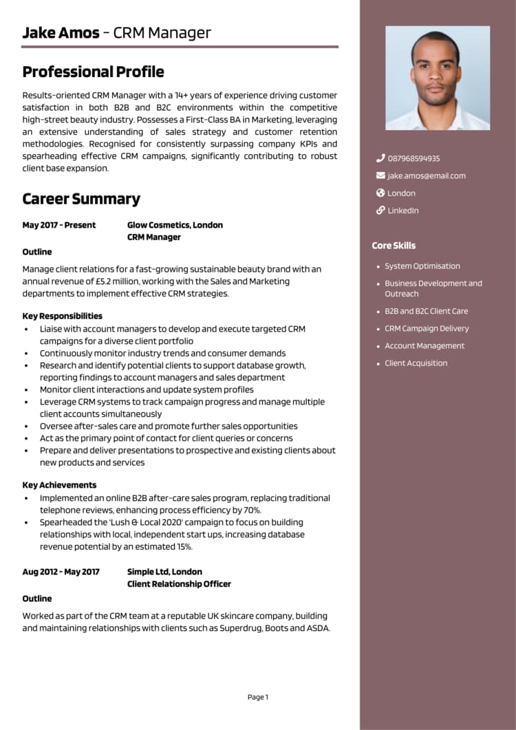 CRM Manager resume with two-column layout, photo, colored sidebar, and icons that ATS systems cannot parse correctly