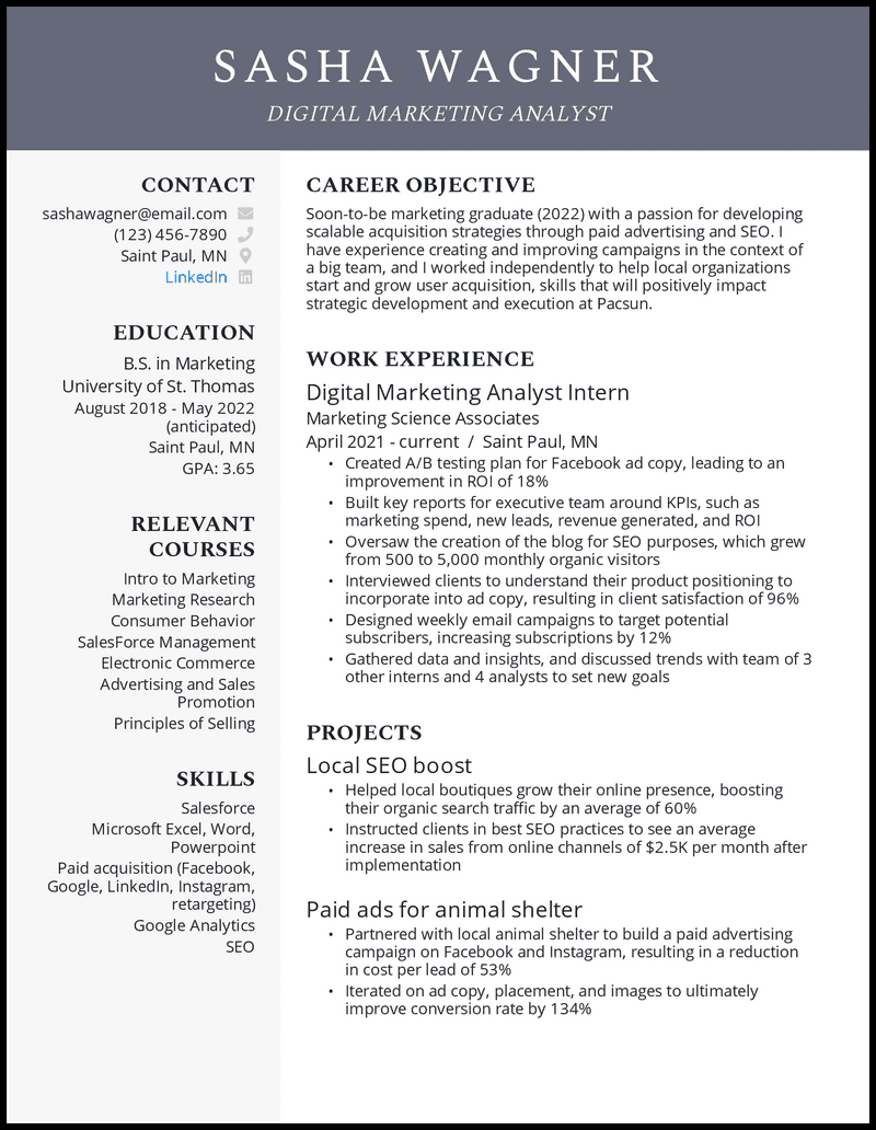 Two-column resume template with dark sidebar, icons, and Career Objective heading that fails ATS parsing