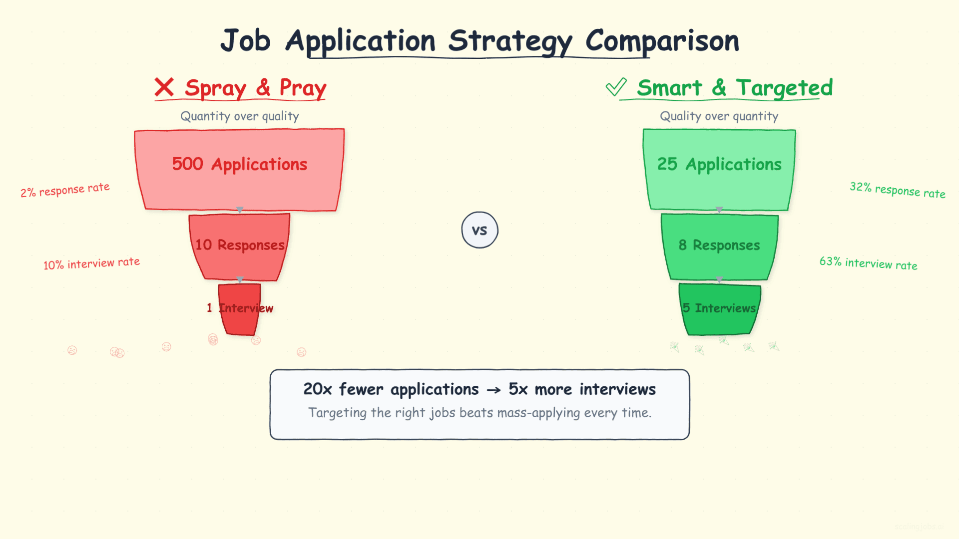 Side by side funnel comparison showing spray and pray approach versus smart targeted job applications