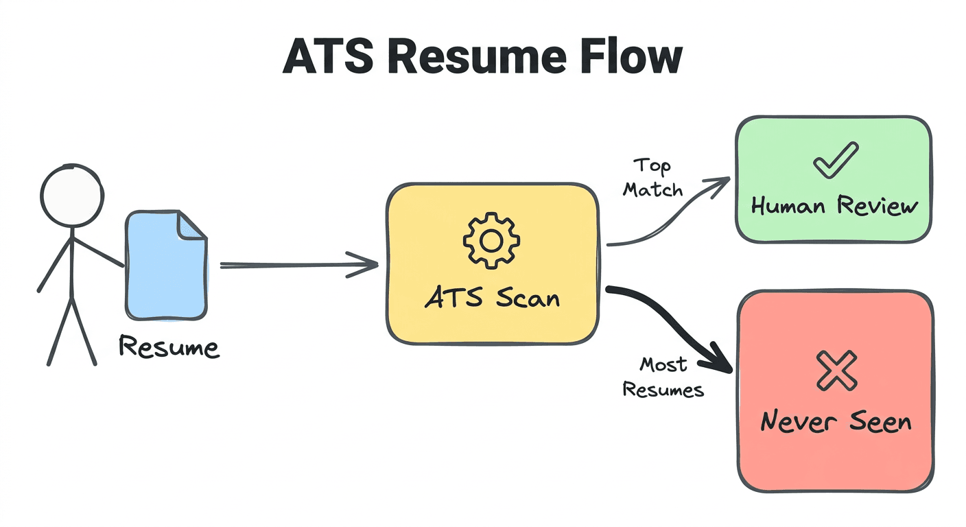 ATS resume flow diagram showing how resumes get scanned and rejected by AI